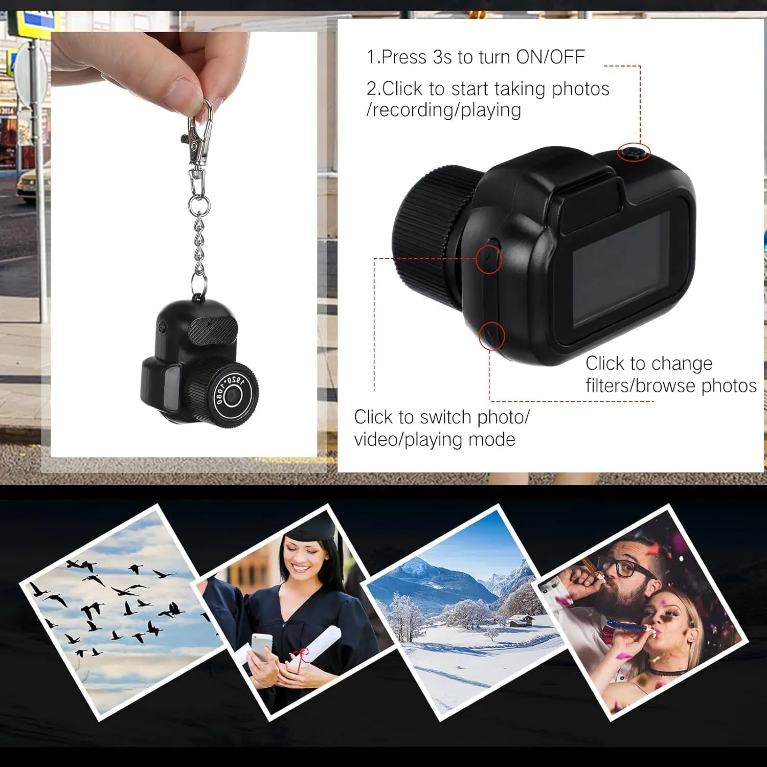 Keychain Camera Mini  0.96 inch Thumb Mini Action Camera Retro Support Memory Card 1080P Very Small Camcorder Video Recorder